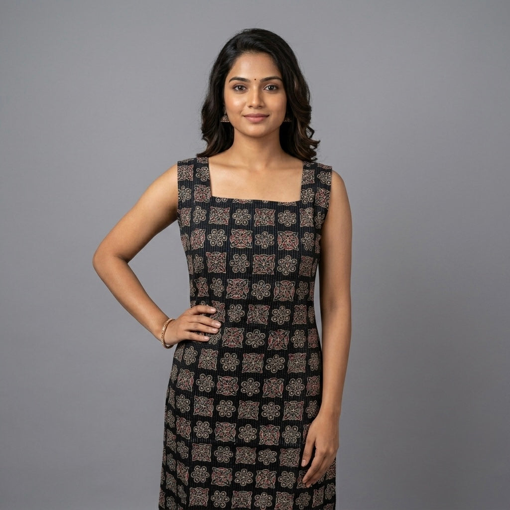 Women's Ajrakh Print Layered A-Line Kurta with Jacket | Cotton Georgette Ethnic Set | RAE Trends