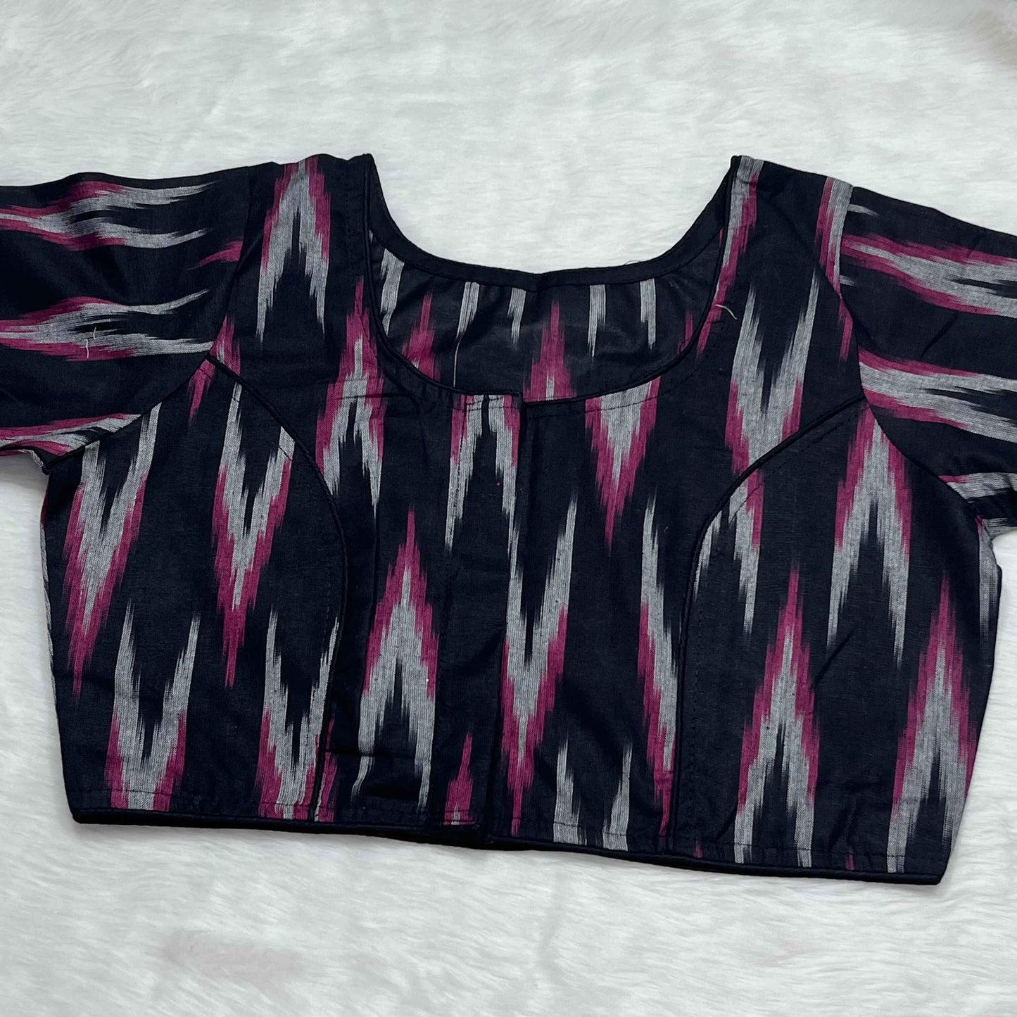Pure Ajrakh Non-Padded Cotton Readymade Black Ikkat Print Blouse