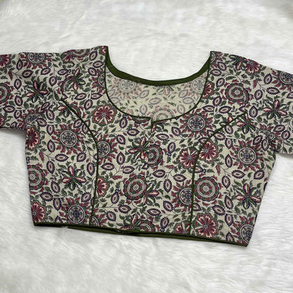 Pure Kalamkari Non-Padded Cotton Readymade Green Blouse