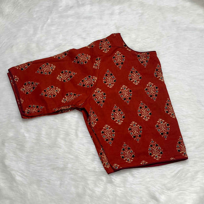 Pure Ajrakh Print Non-Padded Cotton Readymade Brick Red Blouse