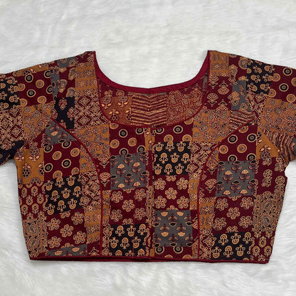 Pure Ajrakh Non-Padded Cotton Readymade Maroon Multicolor Blouse