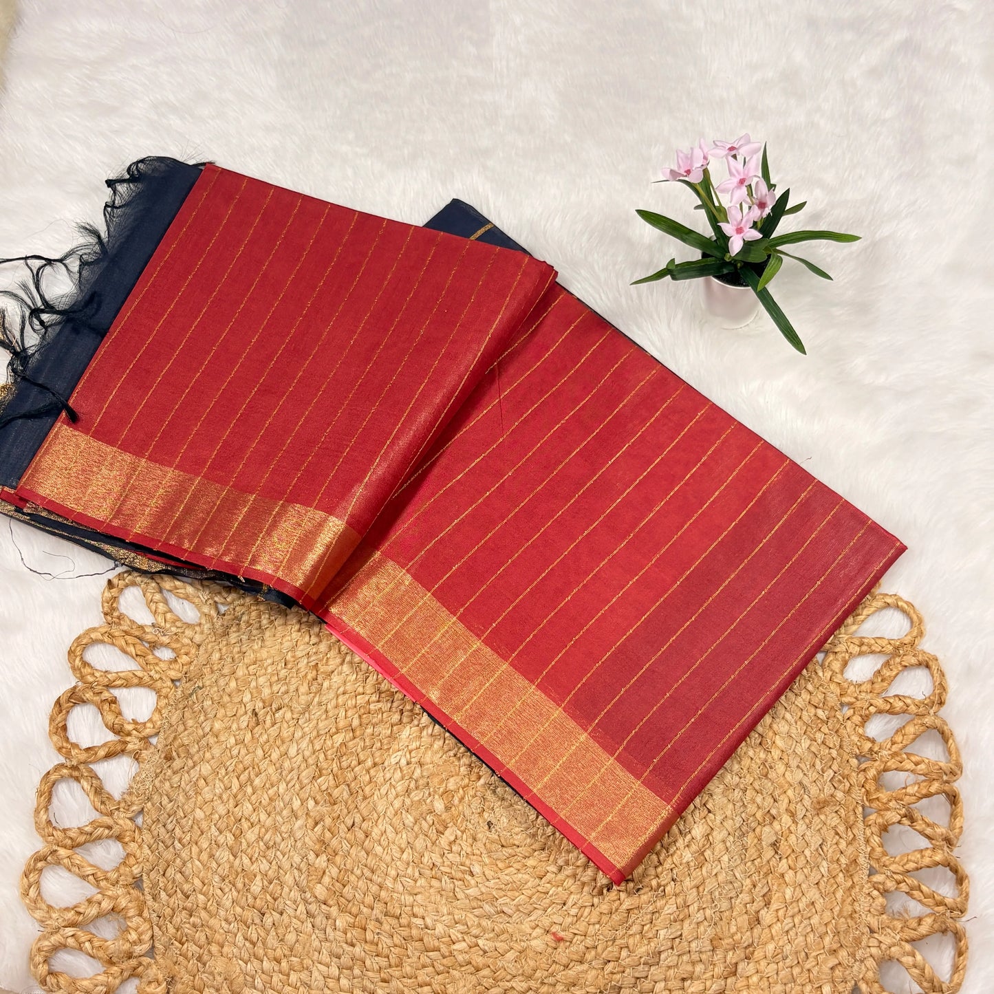 Women's Bapta Tussar Saree with Blouse Piece | Woven Jari Lines, Sequin Highlights, Liva Certified | Navy with Red Contrast