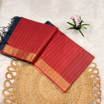 Women's Bapta Tussar Saree with Blouse Piece | Woven Jari Lines, Sequin Highlights, Liva Certified | Navy with Red Contrast