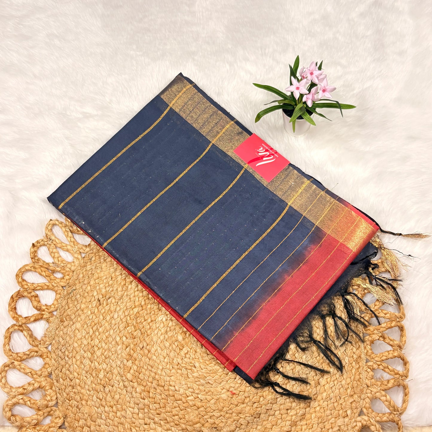 Women's Bapta Tussar Saree with Blouse Piece | Woven Jari Lines, Sequin Highlights, Liva Certified | Navy with Red Contrast