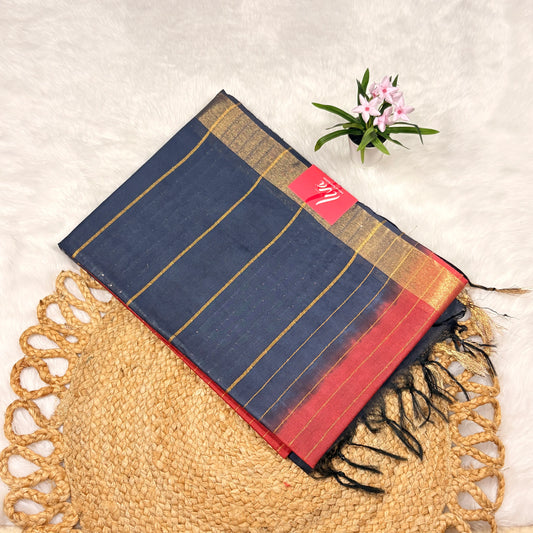 Women's Bapta Tussar Saree with Blouse Piece | Woven Jari Lines, Sequin Highlights, Liva Certified | Navy with Red Contrast