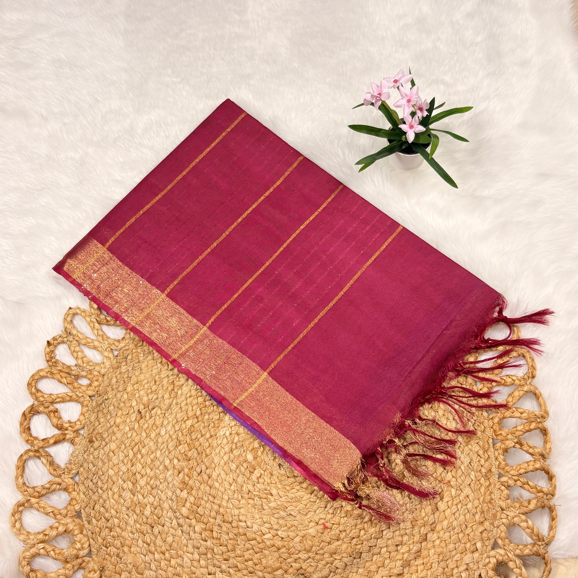 Red saree with gold border on a textured surface with a small plant.