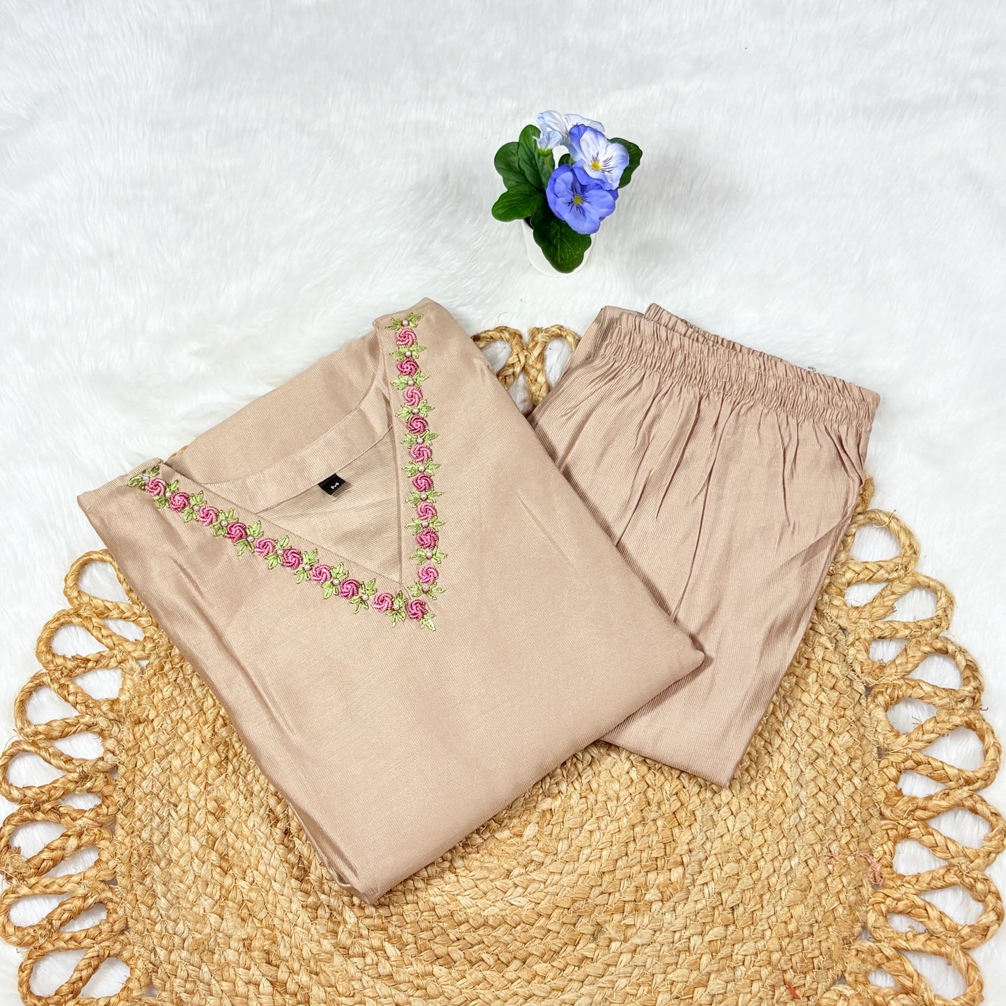 Women’s Blush Beige Cotton Kurti with Rosebud Embroidered V‑Neck | Minimal Chic, Everyday Comfort