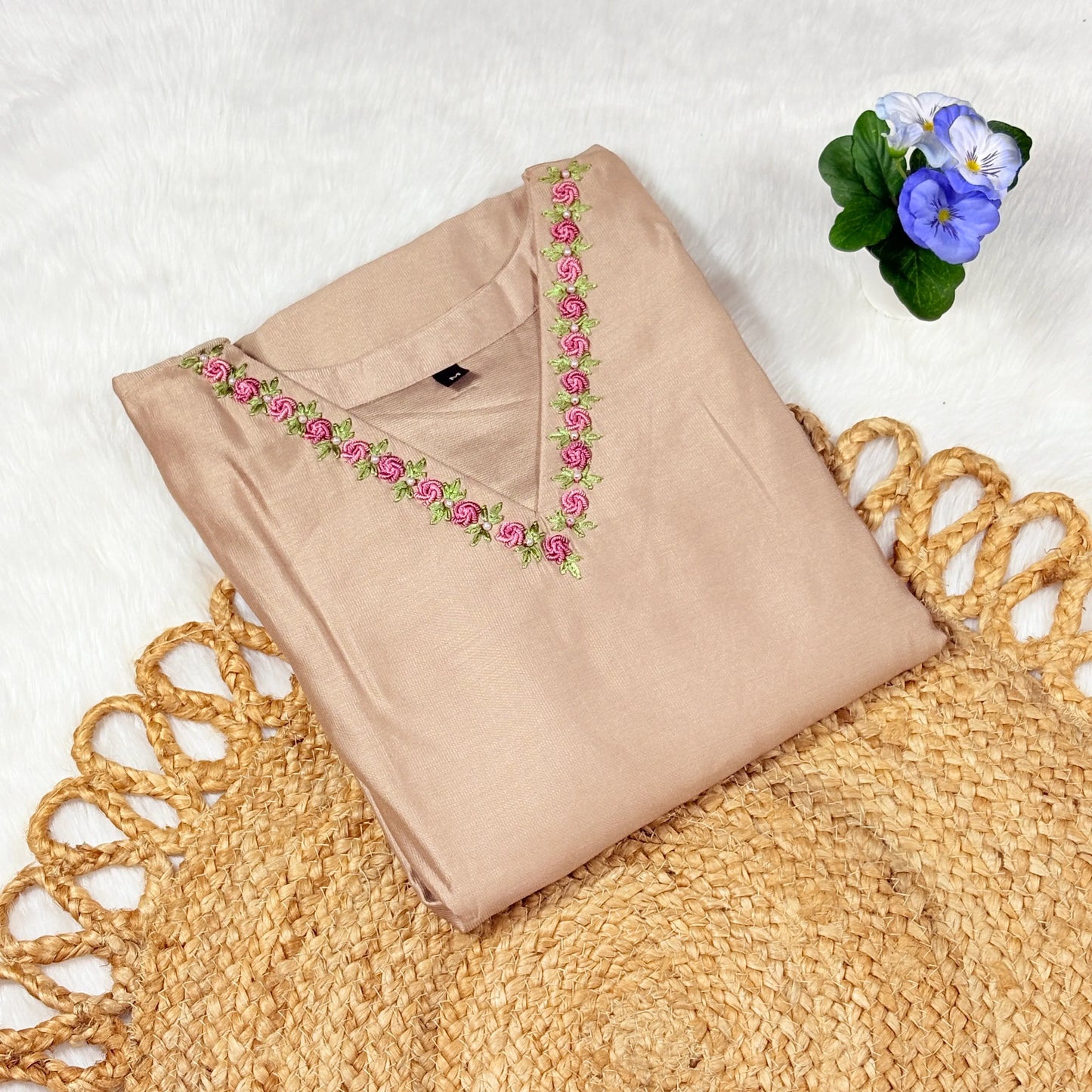 Women’s Blush Beige Cotton Kurti with Rosebud Embroidered V‑Neck | Minimal Chic, Everyday Comfort
