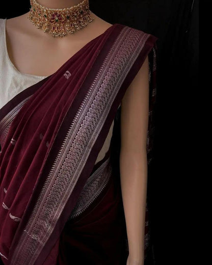 Women's Dark Maroon Banarasi Silk Saree With Zari Weaving Work