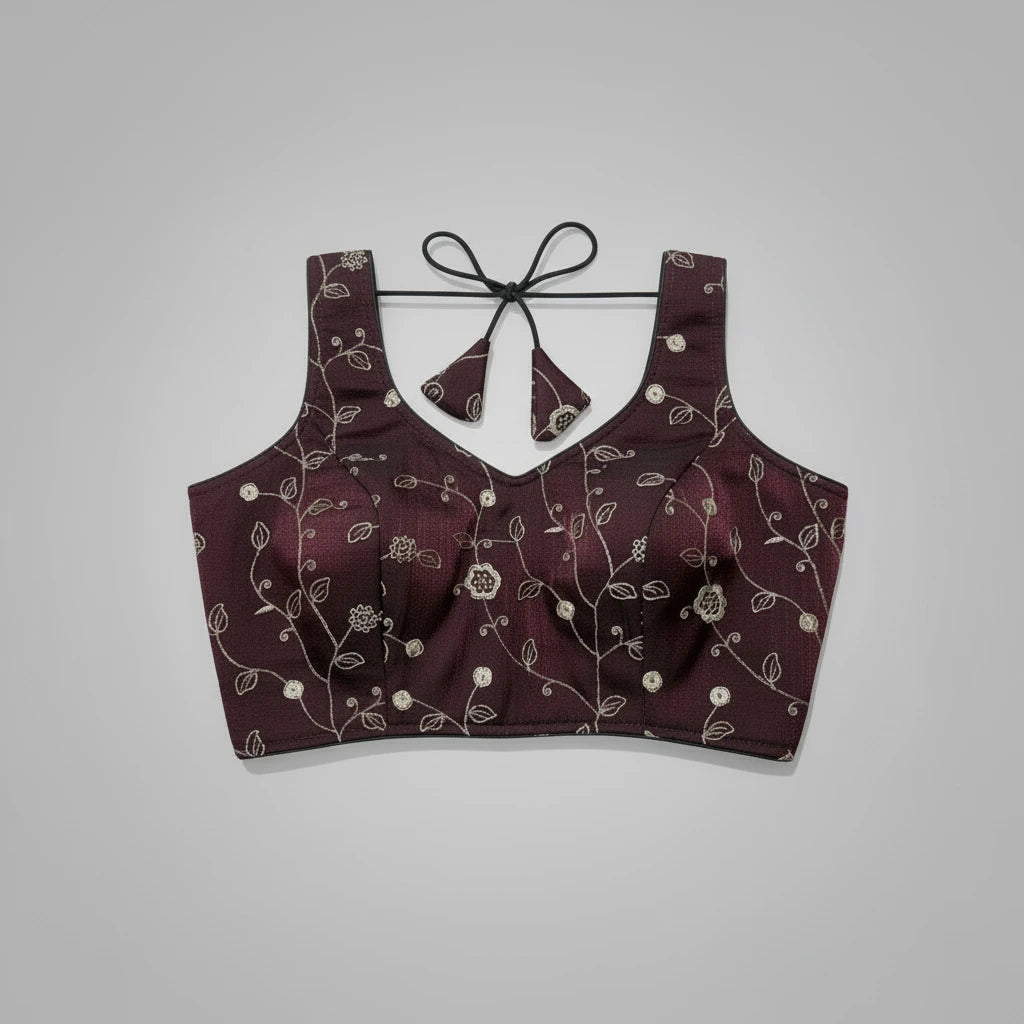 Maroon embroidered lingerie set on a decorative woven mat with a blue background