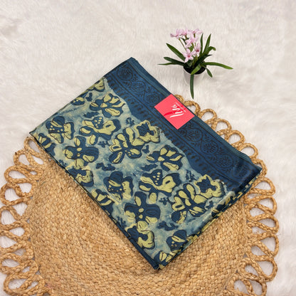Blue Gajji silk saree with Lakripatta Multani floral and diamond prints, ornate border bands, zari pallu, and matching blouse piece