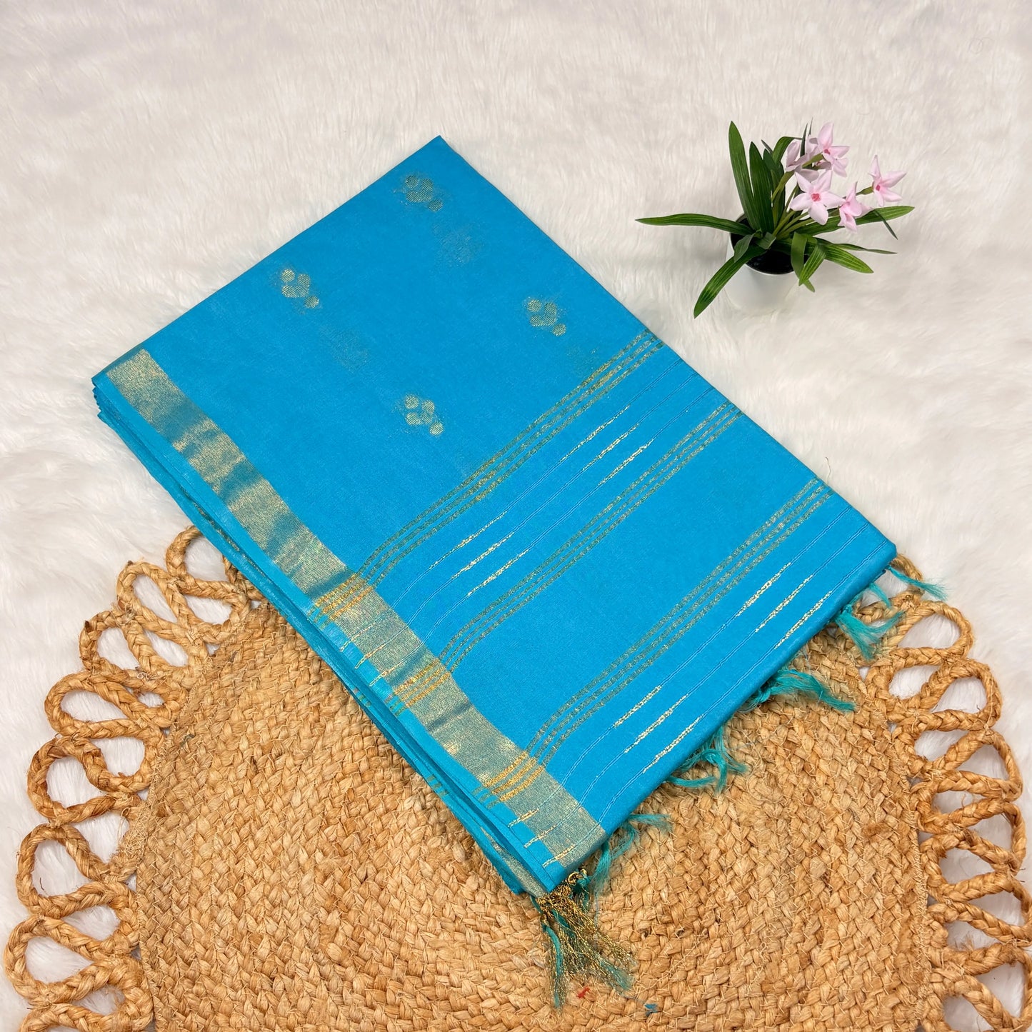 Blue saree with green border on a textured surface with a plant