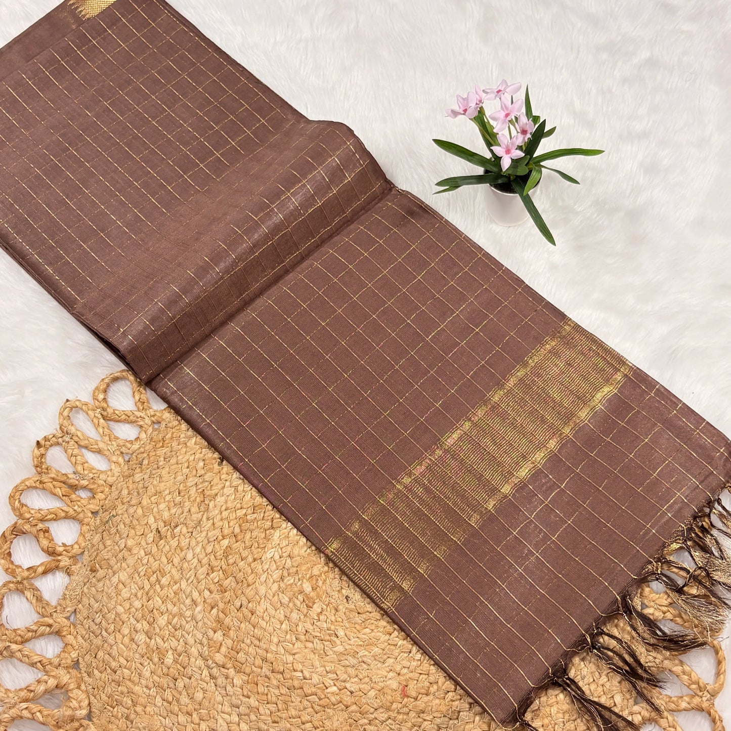 Women's Mangalgiri Jari Buty Saree with Blouse Piece | Liva Certified | Cocoa Brown with Gold Jari Checks & Tasselled Pallu