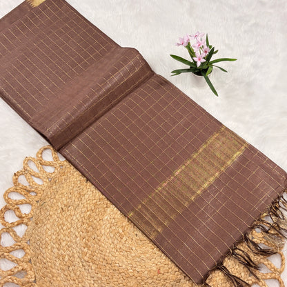 Women's Mangalgiri Jari Buty Saree with Blouse Piece | Liva Certified | Cocoa Brown with Gold Jari Checks & Tasselled Pallu