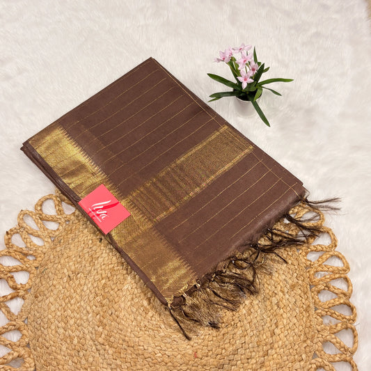 Women's Mangalgiri Jari Buty Saree with Blouse Piece | Liva Certified | Cocoa Brown with Gold Jari Checks & Tasselled Pallu