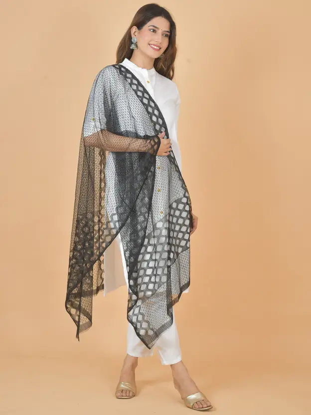 Women's Net Self Design Black Dupatta