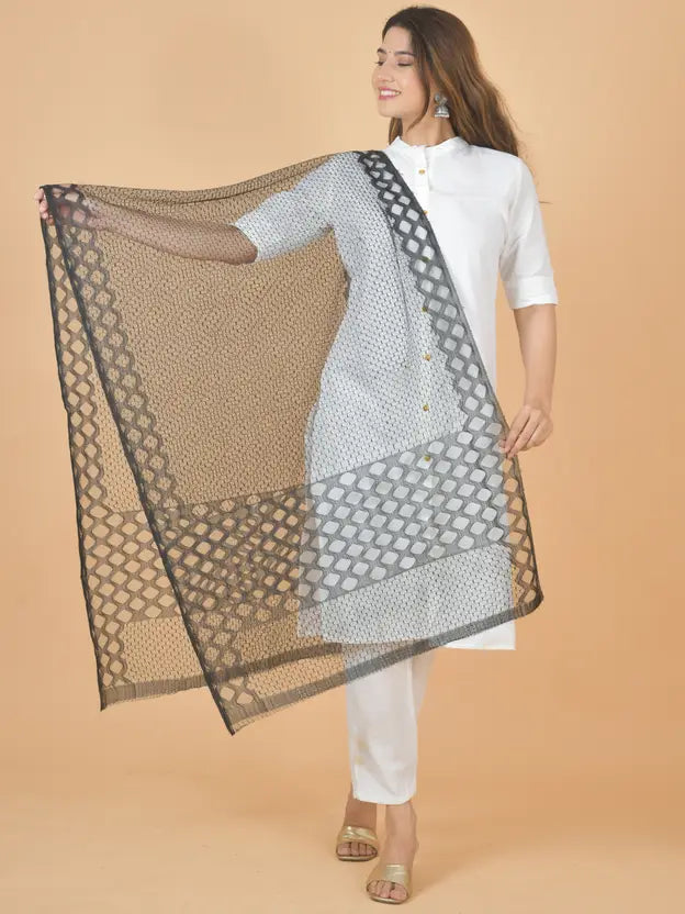 Women's Net Self Design Black Dupatta