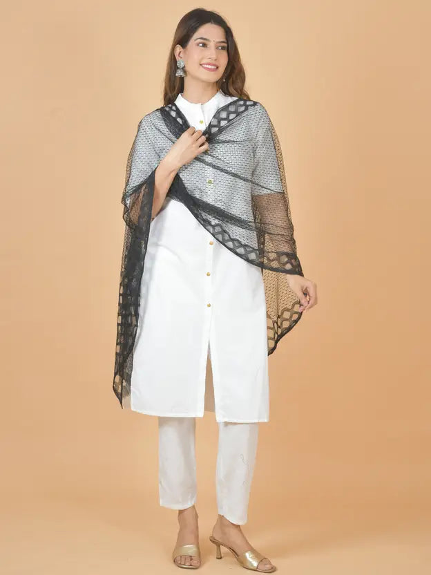 Women's Net Self Design Black Dupatta