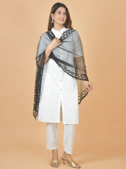 Women's Net Self Design Black Dupatta