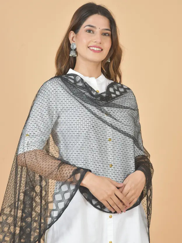 Women's Net Self Design Black Dupatta
