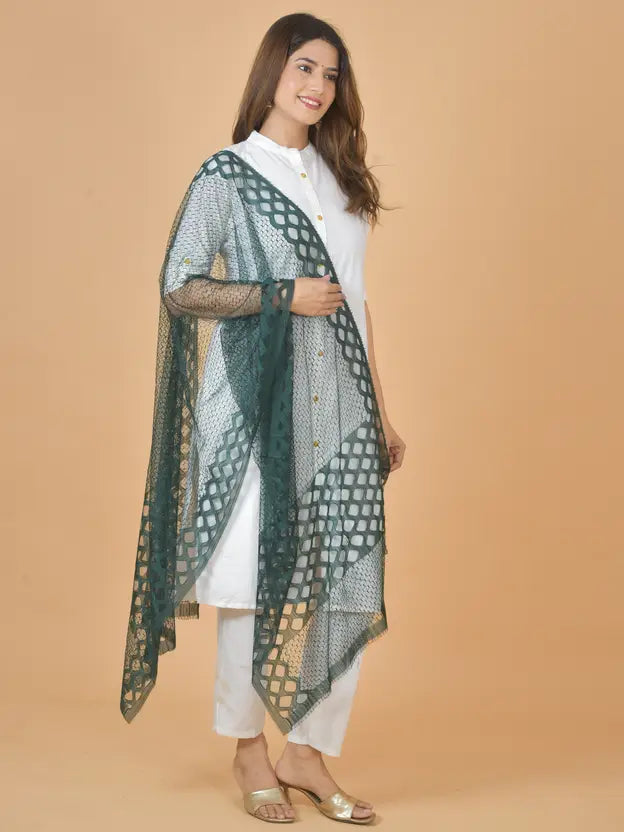 Women's Net Self Design Dark Green Dupatta