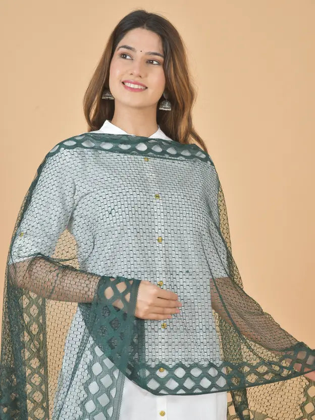 Women's Net Self Design Dark Green Dupatta