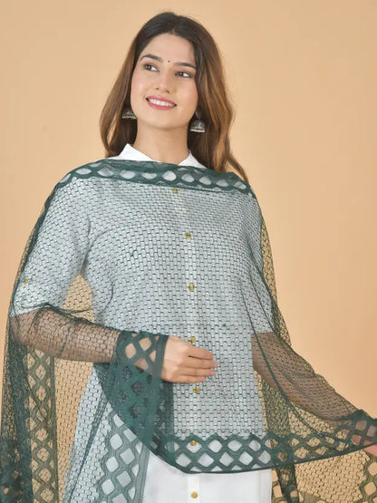 Women's Net Self Design Dark Green Dupatta