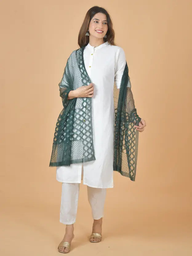 Women's Net Self Design Dark Green Dupatta