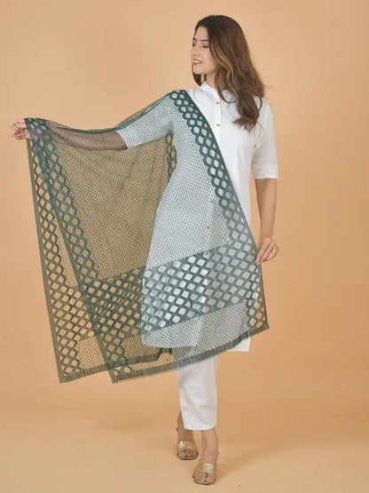 Women's Net Self Design Dark Green Dupatta