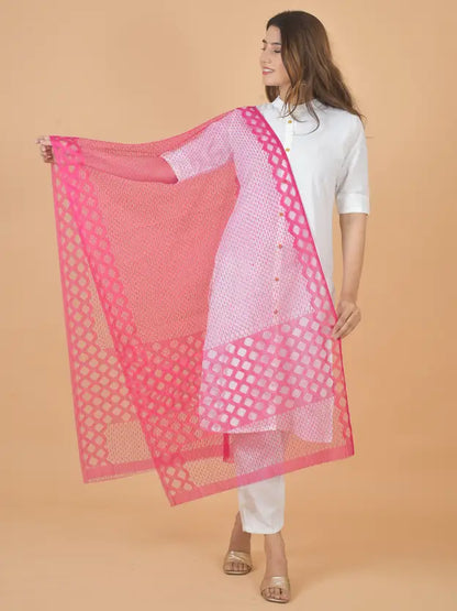 Women's Net Self Design Rani Pink Dupatta