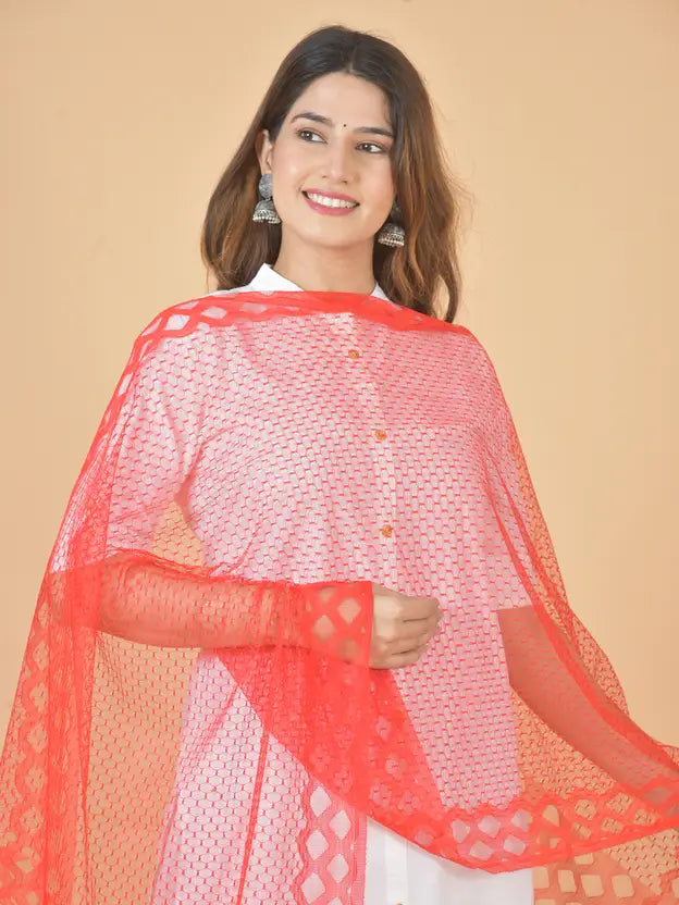 Women's Net Self Design Red Dupatta