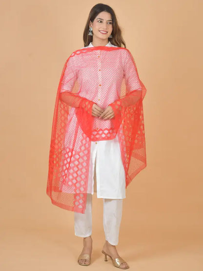 Women's Net Self Design Red Dupatta