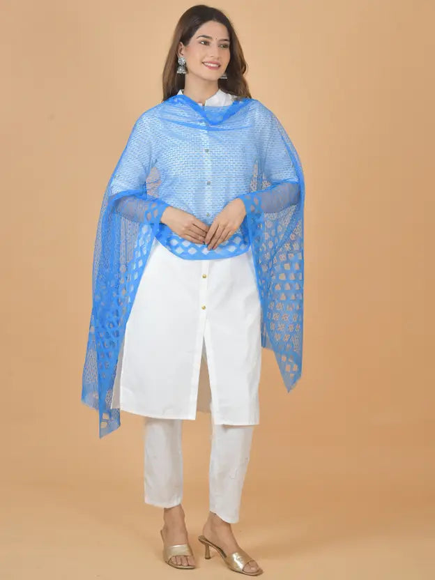 Women's Net Self Design Turquoise Dupatta