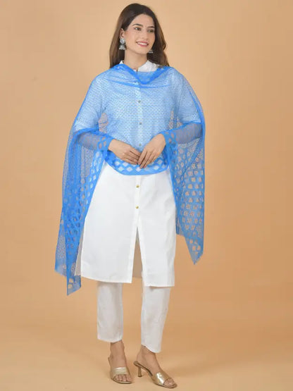 Women's Net Self Design Turquoise Dupatta