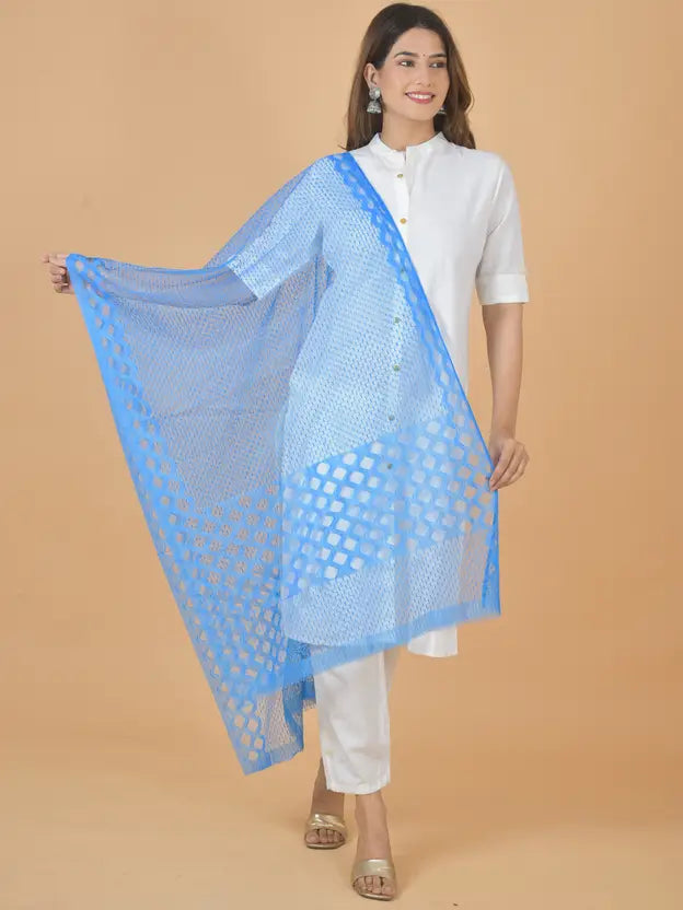 Women's Net Self Design Turquoise Dupatta