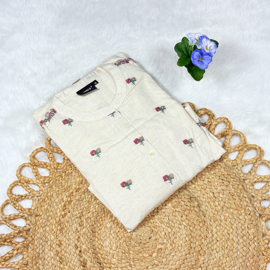 Women’s Off‑White Floral Kurti Cord Set with Elastic‑Waist Pant | Breathable Everyday Co‑ord