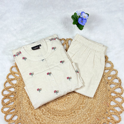 Women’s Off‑White Floral Kurti Cord Set with Elastic‑Waist Pant | Breathable Everyday Co‑ord