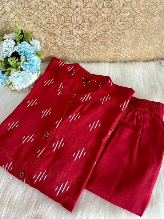 Women’s Red Co-ord Set – Top & Bottom (A-Line, Poly Dobi Fabric)