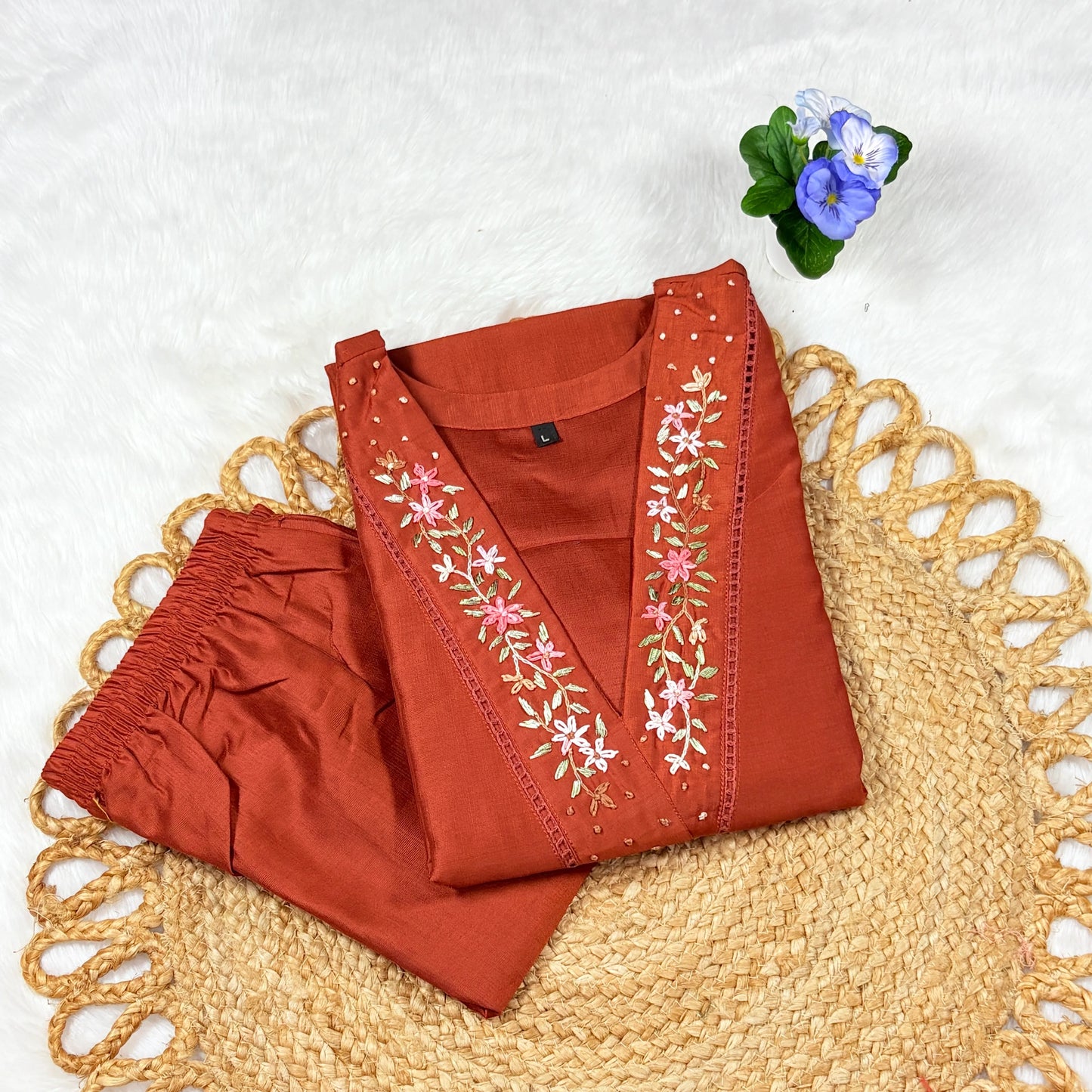 Women’s Rust Orange Cotton Kurti with Floral Vine Embroidered V‑Neck | Everyday Comfort & Chic