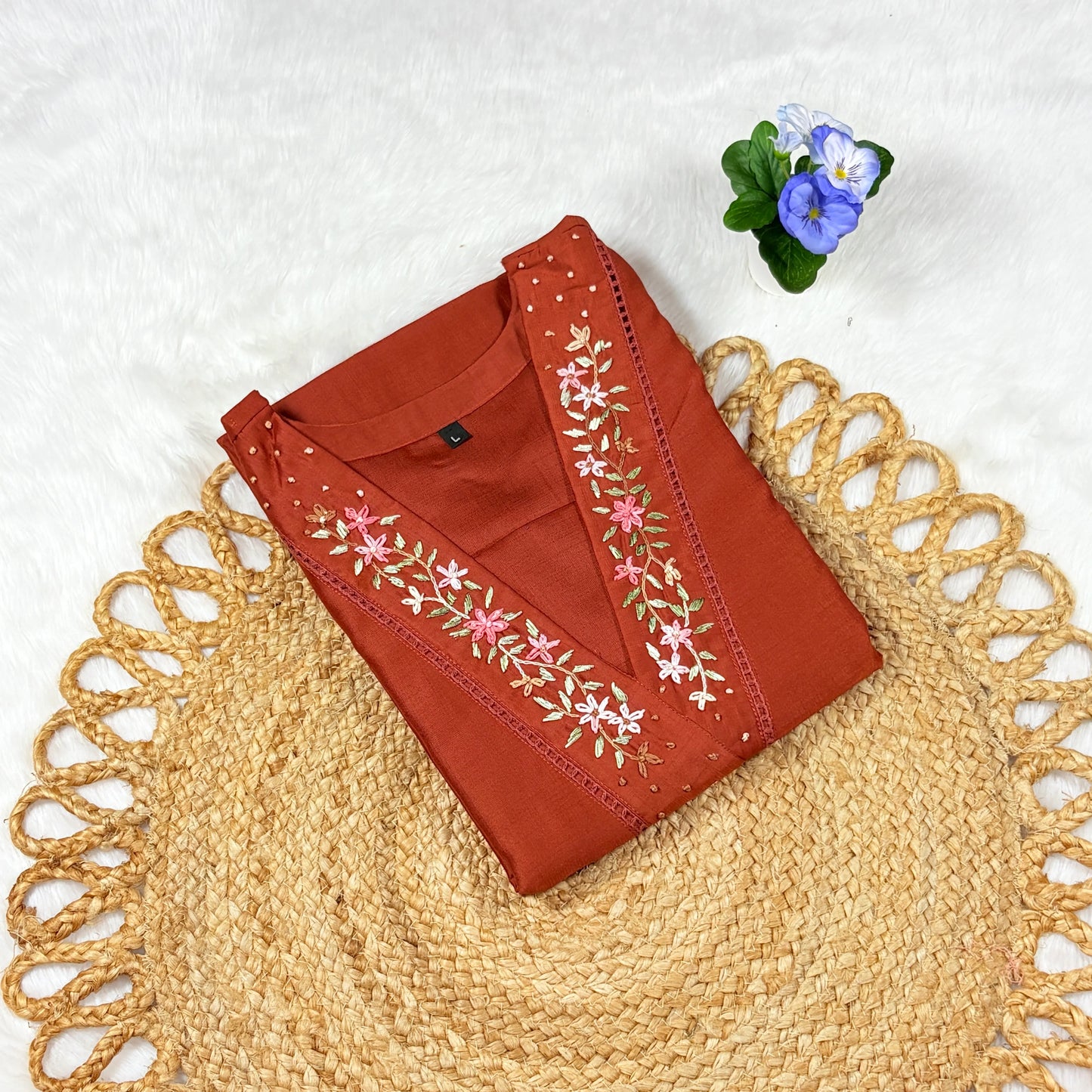 Women’s Rust Orange Cotton Kurti with Floral Vine Embroidered V‑Neck | Everyday Comfort & Chic