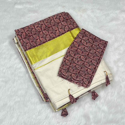 Kerala Pure Cotton Kasavu Saree with Maroon Ajrakh Stitched Borders and Matching Blouse Piece