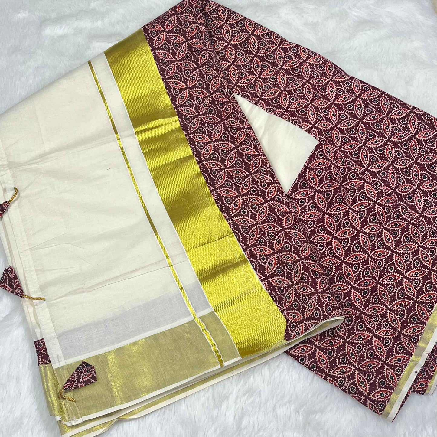 Kerala Pure Cotton Kasavu Saree with Maroon Ajrakh Stitched Borders and Matching Blouse Piece