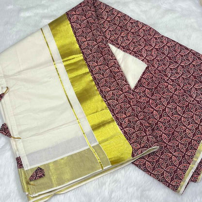Kerala Pure Cotton Kasavu Saree with Maroon Ajrakh Stitched Borders and Matching Blouse Piece