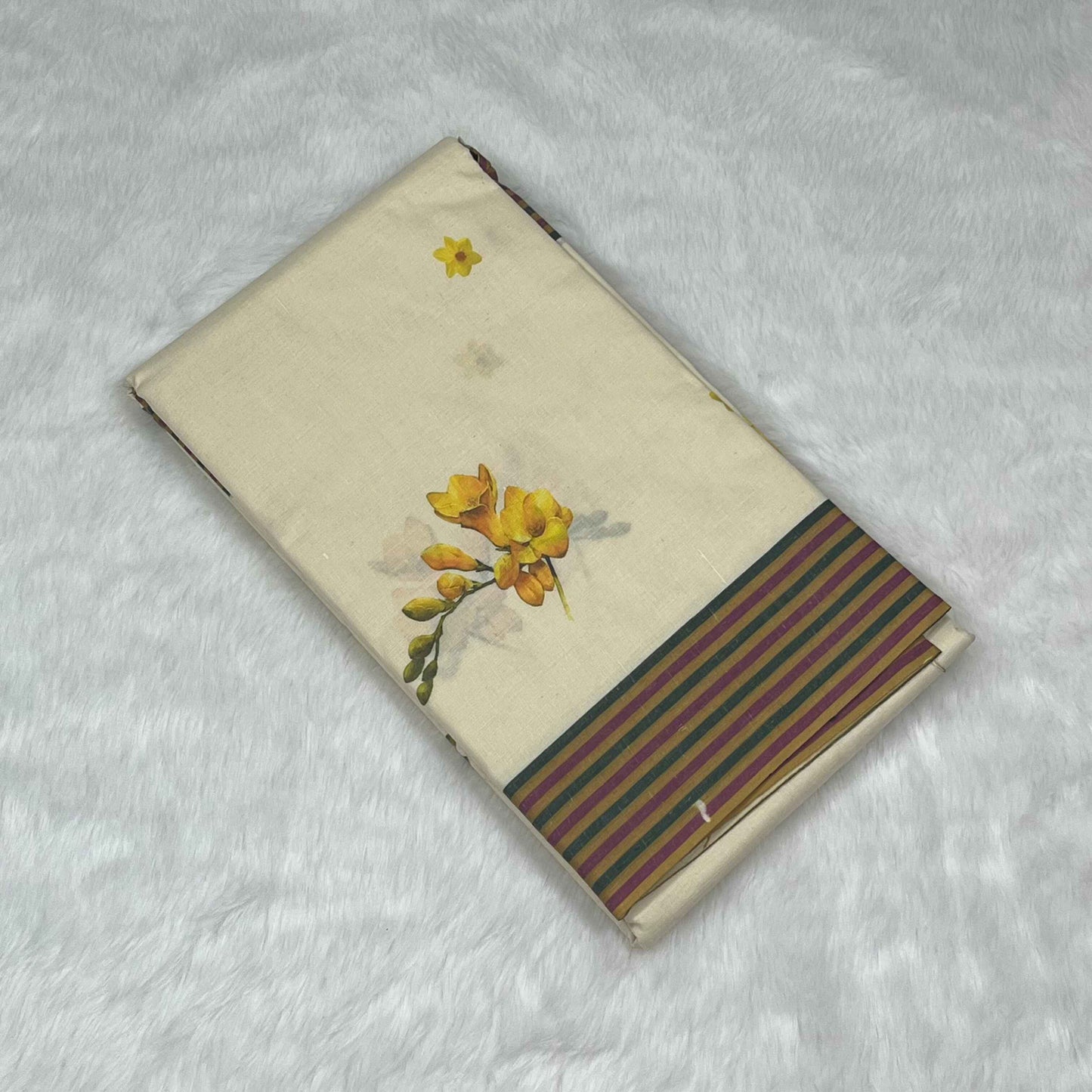 Kerala Cotton Kasavu Yellow Flower Digital Print Saree with Blouse Piece