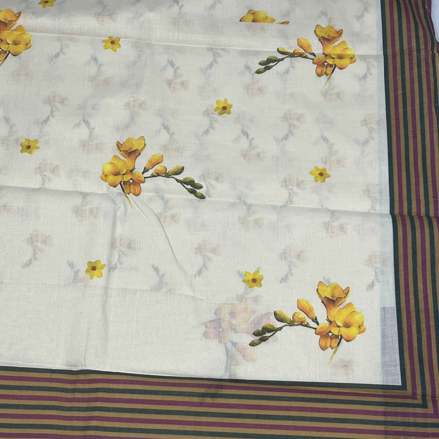 Kerala Cotton Kasavu Yellow Flower Digital Print Saree with Blouse Piece