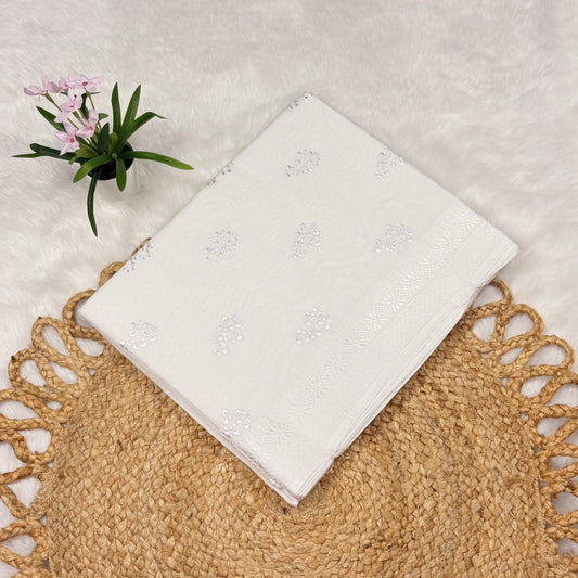 Women's White Super Cotton Saree | Tonal Motifs & Refined Self Border