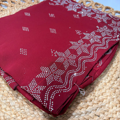 Burgundy Maroon Stone Work Saree with Silver Embellishments & Blouse Piece – Party & Festive Wear