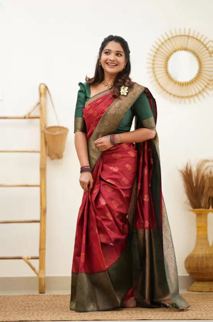 Red Ethnic Motif Woven Design Zari Pure Silk Banarasi Saree Traditional Saree