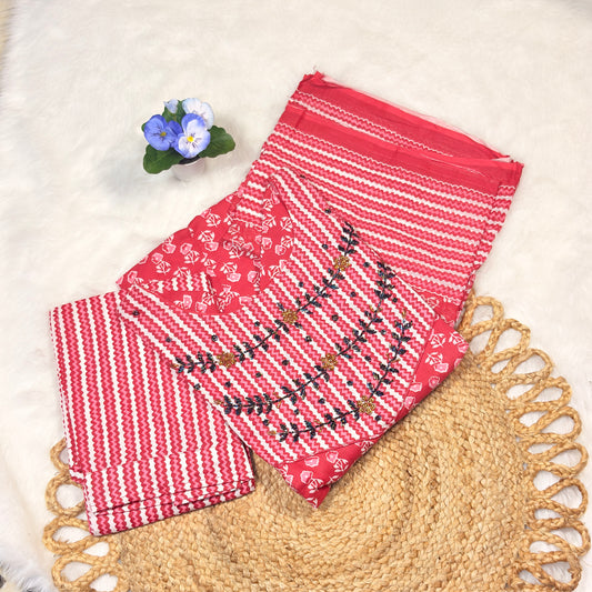 Red & White Striped Cotton Embroidered Kurti Set with Dupatta – Ethnic Wear for Women