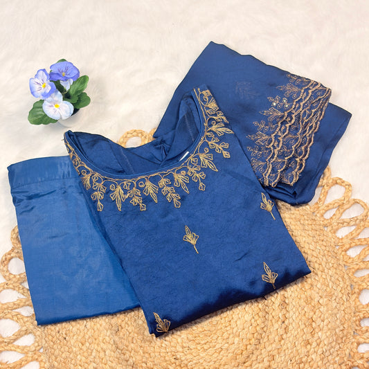 Royal Blue Embroidered Kurti Set with Matching Bottoms & Dupatta – Elegant Ethnic Wear for Women